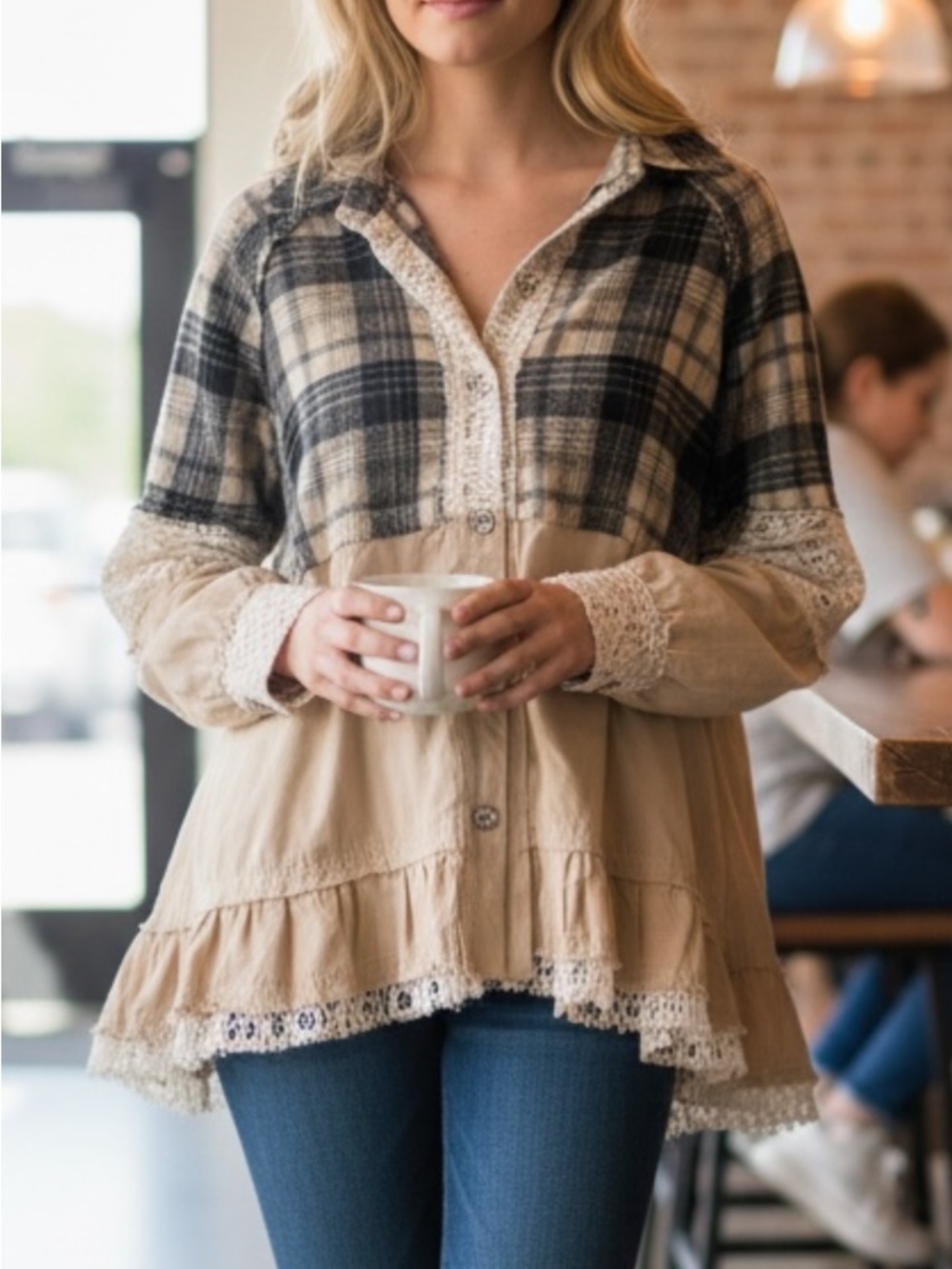 POL Plaid Lace Trim Shirt Jacket in Navy and Cream